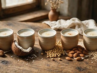Fuenf Becher mit verschiedenen Pflanzenmilch-Sorten, davor Erdmandeln, Kokosnuss, Sojabohnen, Mandeln und Hafer