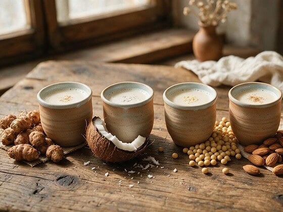 Fuenf Becher mit verschiedenen Pflanzenmilch-Sorten, davor Erdmandeln, Kokosnuss, Sojabohnen, Mandeln und Hafer