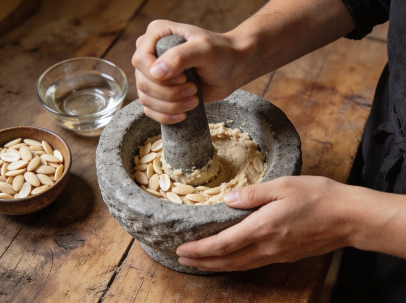Hands grinding almonds into almond milk with a mortar and pestle