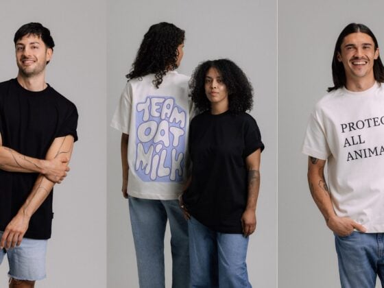 Aljosha Muttardi und Models in drei Shirts seines Modelabels DOBE.: schlichtes schwarzes Shirt, Team Oat Milk und Protect All Animals