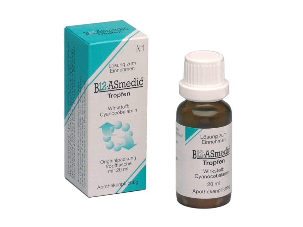 Packung und Flasche der B12-Asmedic Tropfen von Dyckerhoff Pharma