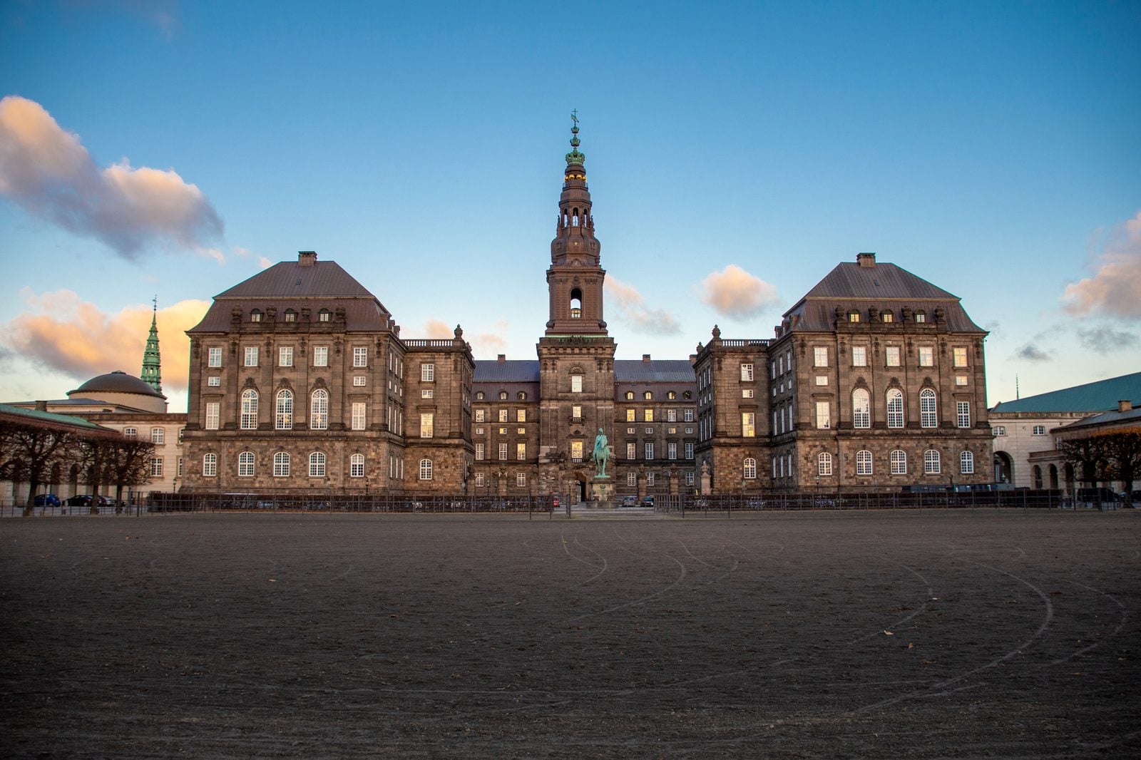 Christiansborg Palace in Copenhagen, seat of the Danish parliament, at dusk