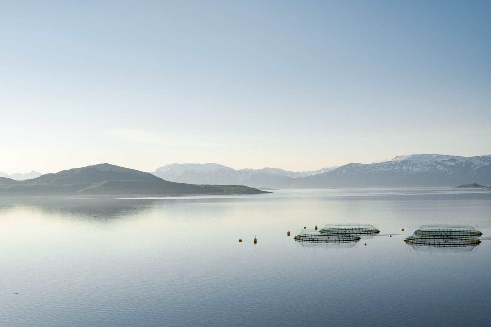 Netzgehege einer Lachsfarm in einem norwegischen Fjord vor Bergen