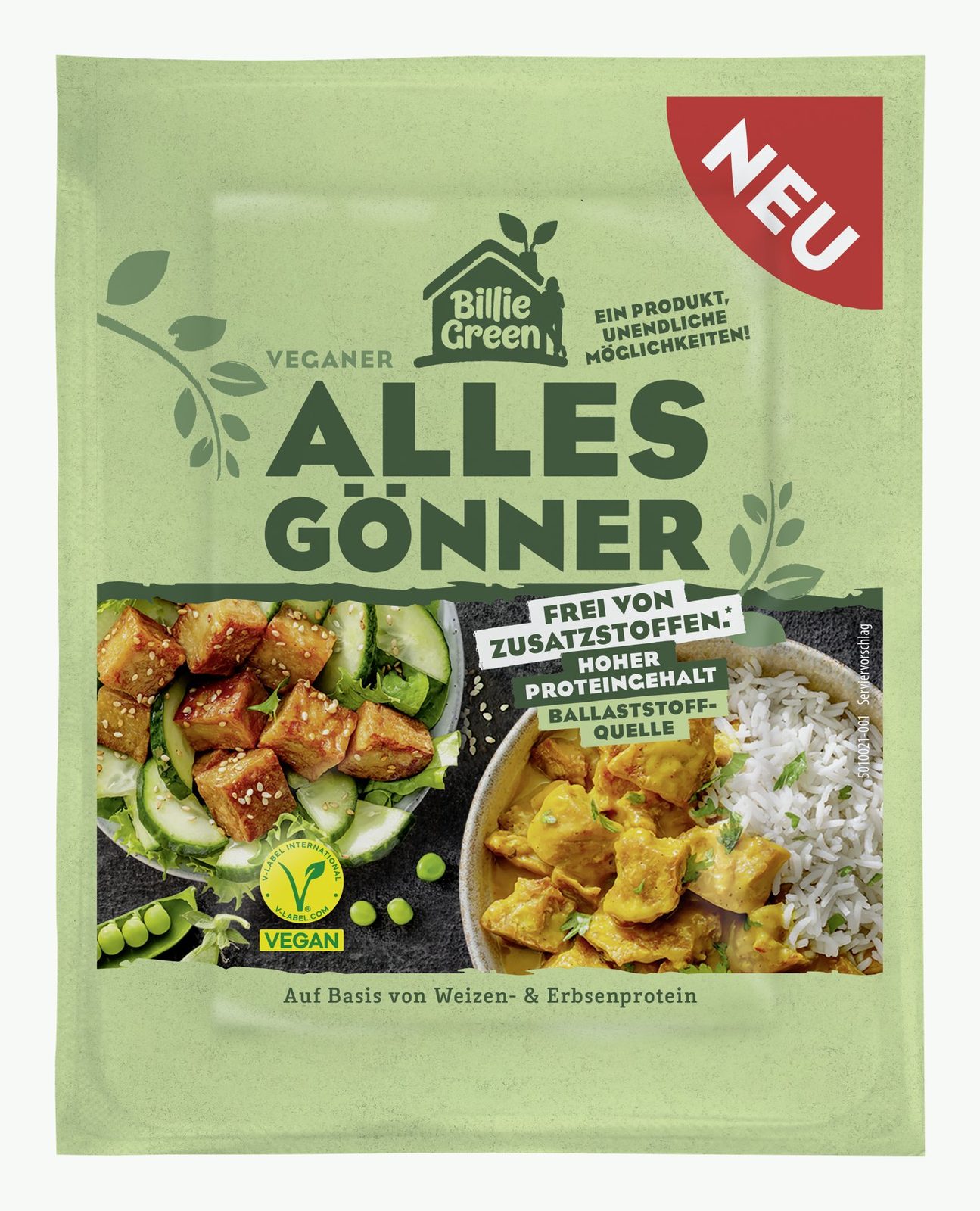 Packung Billie Green Veganer AllesGönner auf Basis von Weizen- und Erbsenprotein mit V-Label vegan