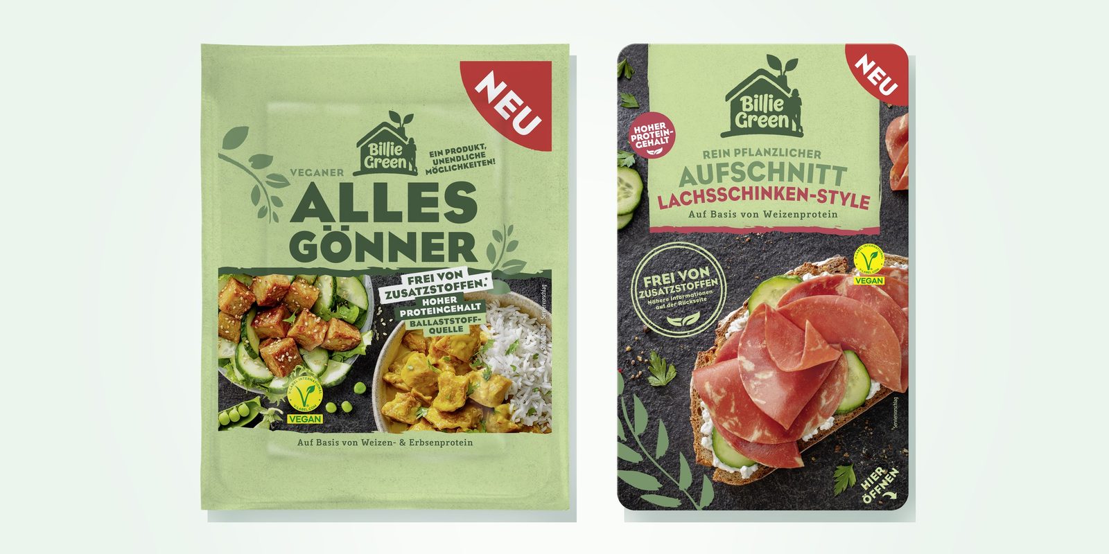 Packungen Billie Green Veganer AllesGönner und veganer Aufschnitt Lachsschinken-Style
