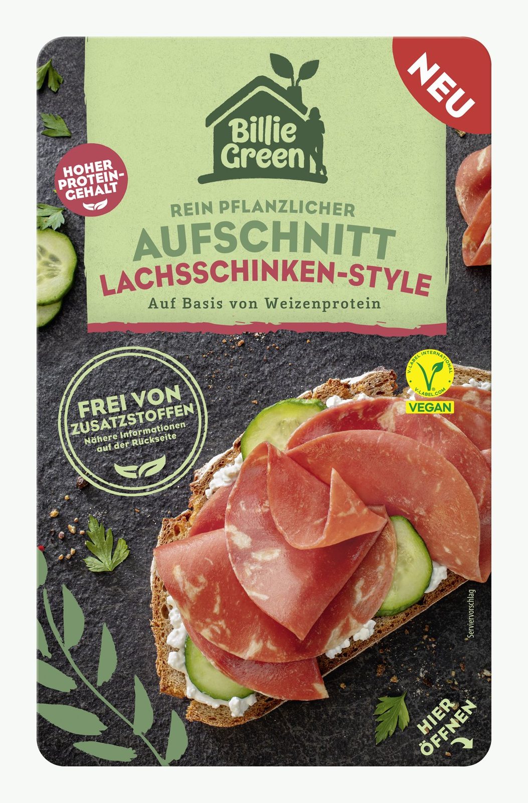 Packung Billie Green Rein pflanzlicher Aufschnitt Lachsschinken-Style mit V-Label vegan
