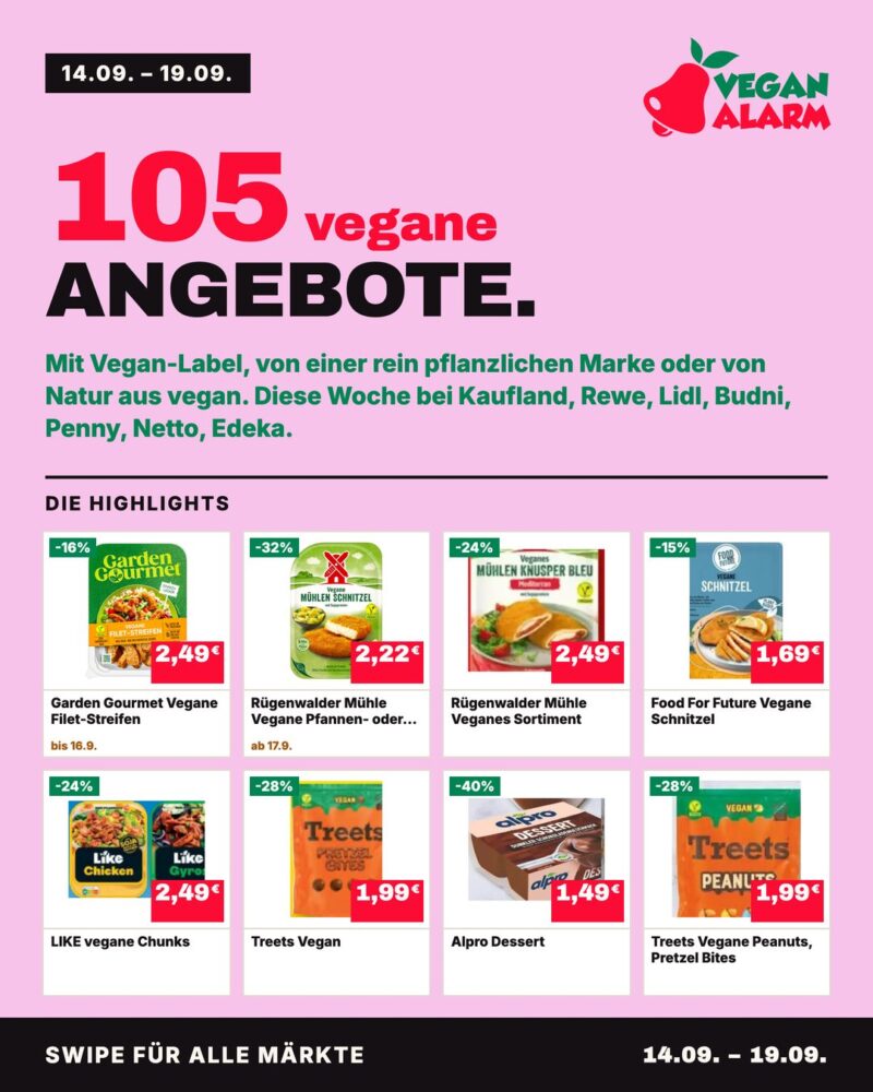 Vegan Alarm Cover mit den veganen Highlight-Produkten der Wochenangebote vom 14.9. bis 19.9.