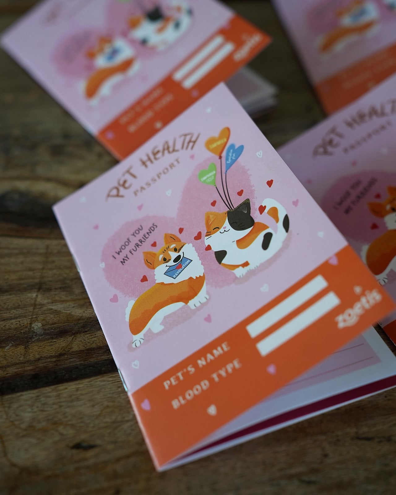 Mehrere Impfpässe für Haustiere mit der Aufschrift Pet Health Passport auf einem Holztisch