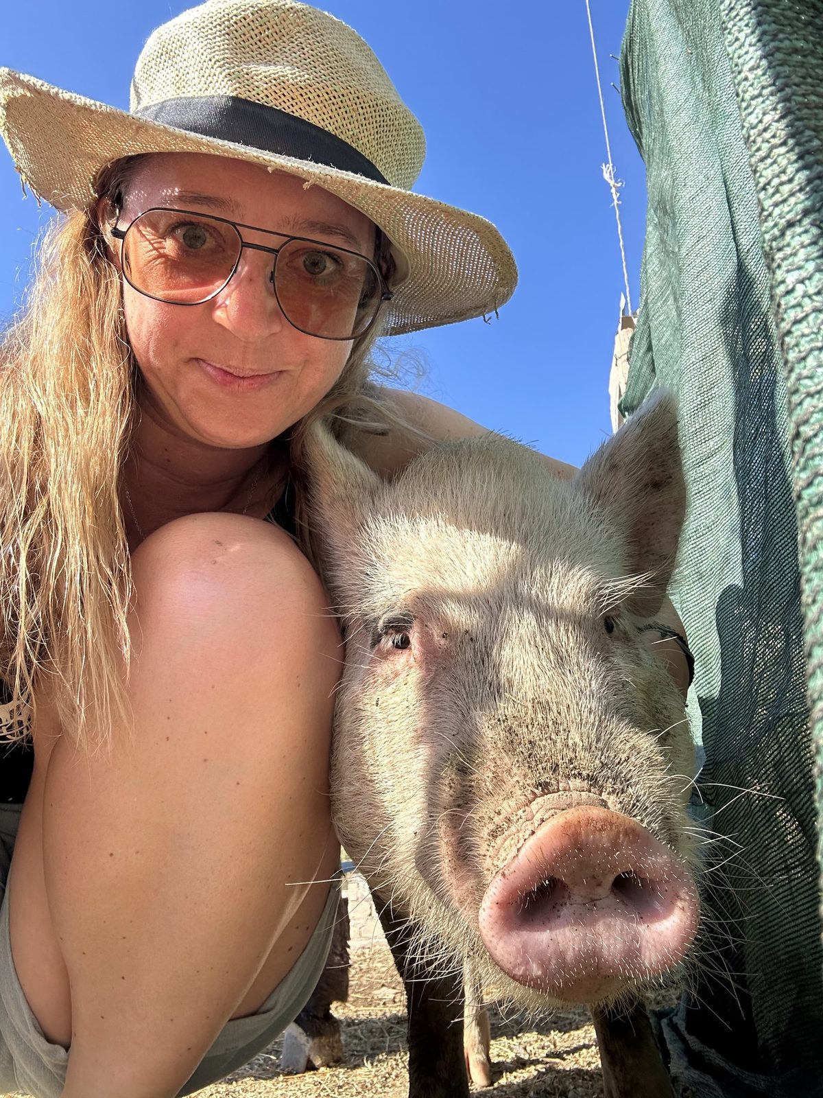 Jessica Dzikonski wearing a straw hat next to a pig at a sanctuary
