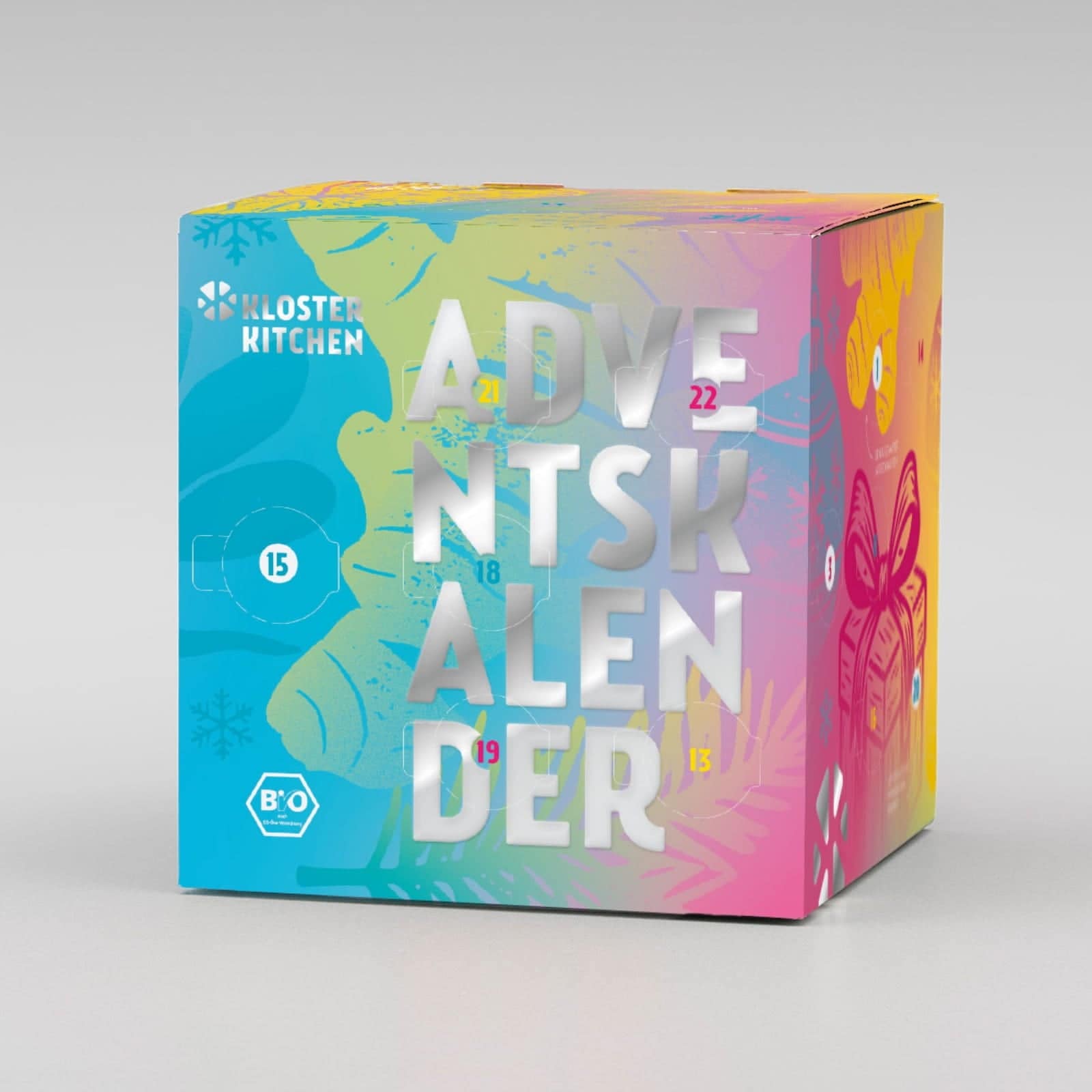 Kloster Kitchen Adventskalender 2026, bunte Box mit 24 Tuerchen und Ingwer-Shot-Motiven