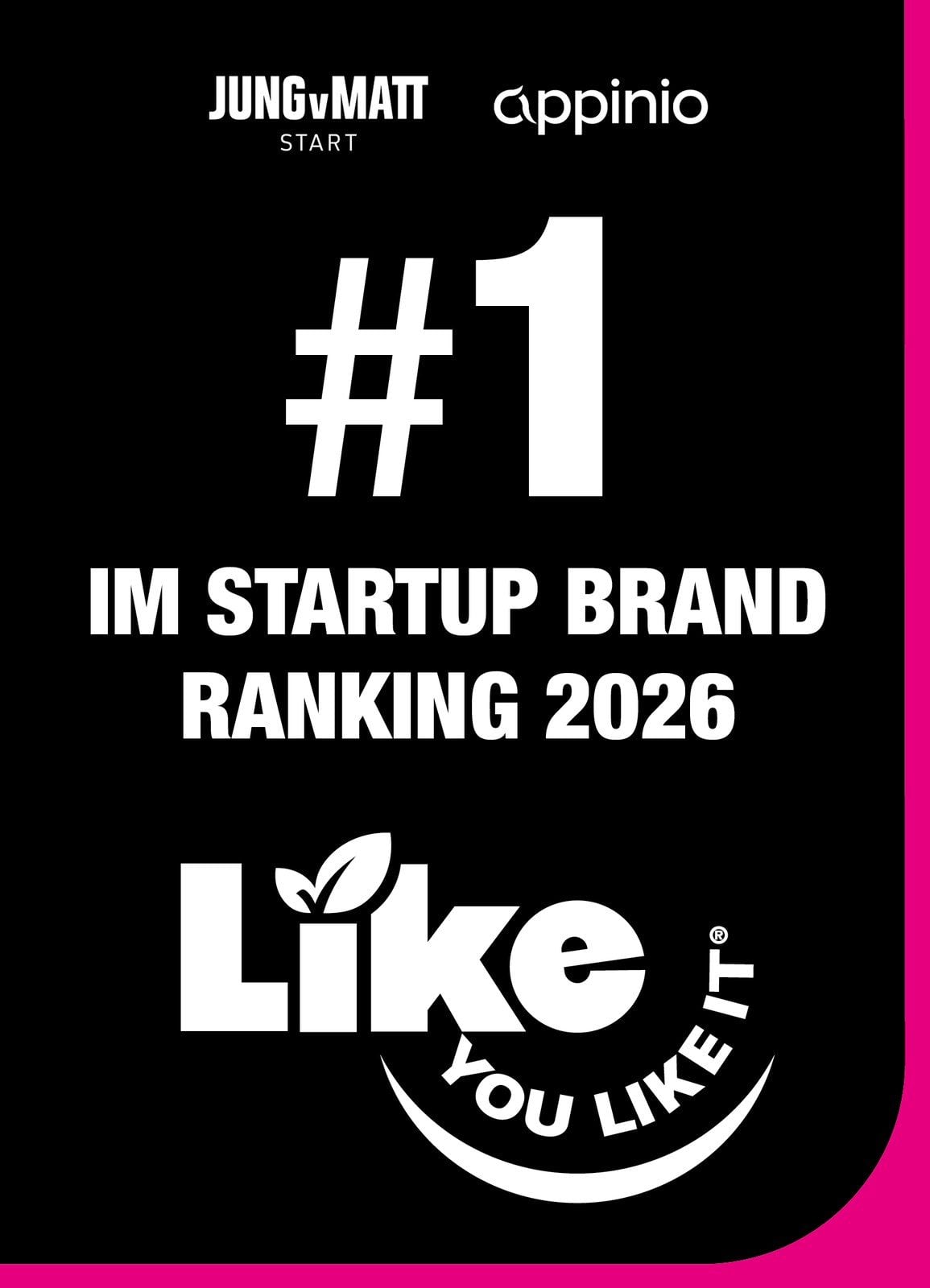 Schwarzes Key Visual mit der Aufschrift Nummer 1 im Startup Brand Ranking 2026 und dem LIKE-Logo