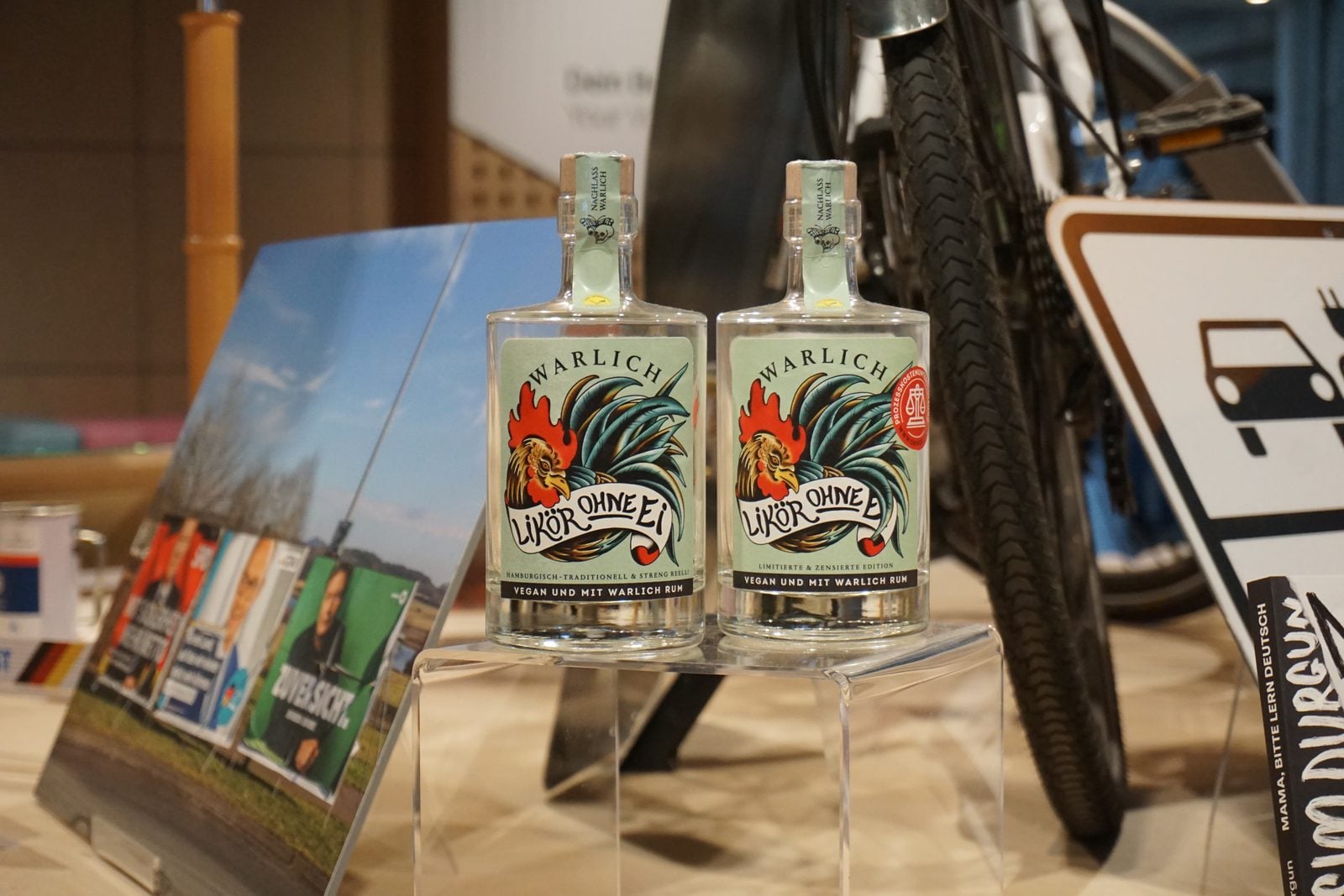 Two bottles of Likör ohne Ei in a display at the House of History museum in Bonn