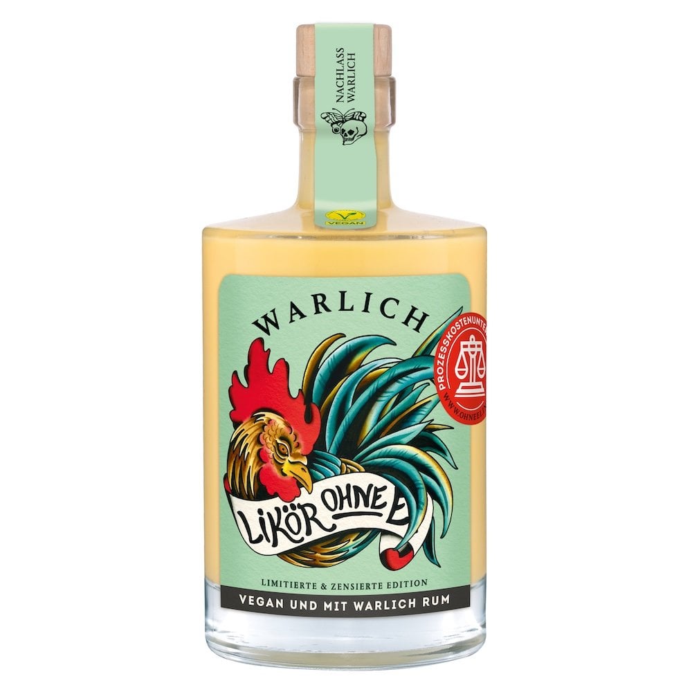 Packshot of a bottle of Likör ohne Ei, limited censored edition, with the letter I in the word Ei covered