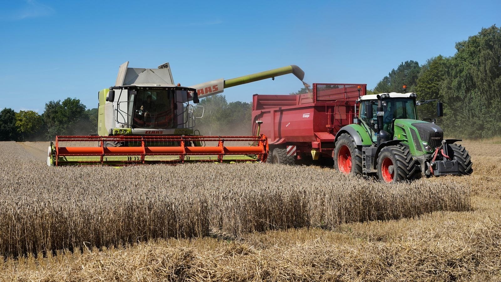Mähdrescher und Traktor bei der Getreideernte auf einem Feld