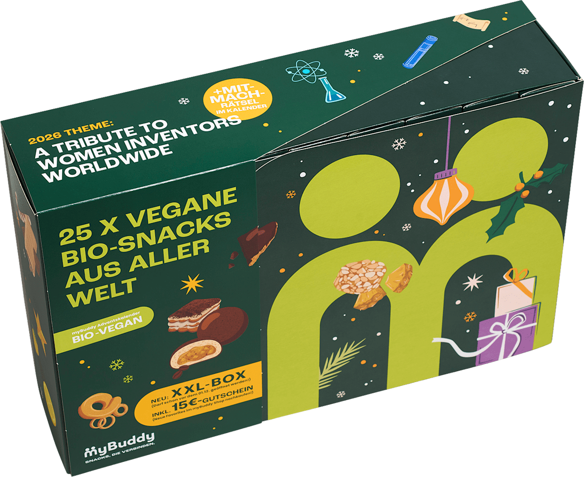 myBuddy Adventskalender 2026 mit 25 veganen Bio-Snacks aus aller Welt