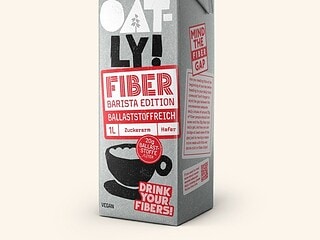 Packung Oatly Fiber Barista Edition, Haferdrink mit Ballaststoffen, 1 Liter, mit Vegan-Kennzeichnung