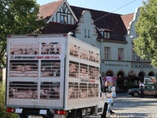 Nachbau eines Schweinetransporters von PETA mit der Aufschrift „Stört dich das? Dann lebe vegan“ vor dem ehemaligen Schlachthof in Stuttgart