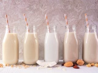 Fünf Flaschen mit verschiedenen Pflanzendrinks nebeneinander vor hellem Hintergrund
