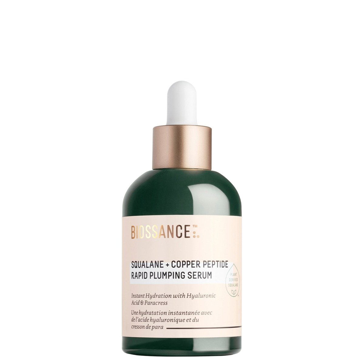 Dunkelgrüne Glasflasche mit Pipette: Squalane + Copper Peptide Rapid Plumping Serum von Biossance