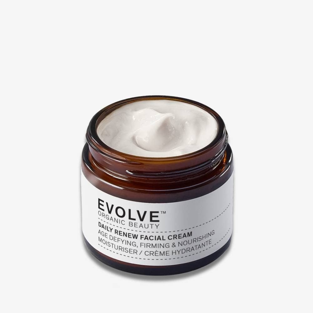 Braunglastiegel Daily Renew Facial Cream von Evolve Organic Beauty mit weißer Creme