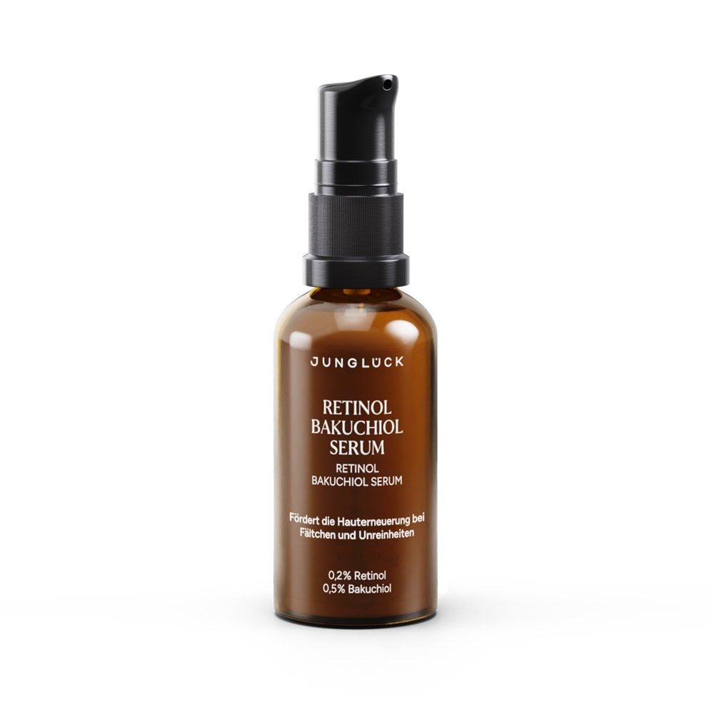 Braune Pumpflasche Retinol Bakuchiol Serum von Junglück mit 0,2 % Retinol und 0,5 % Bakuchiol