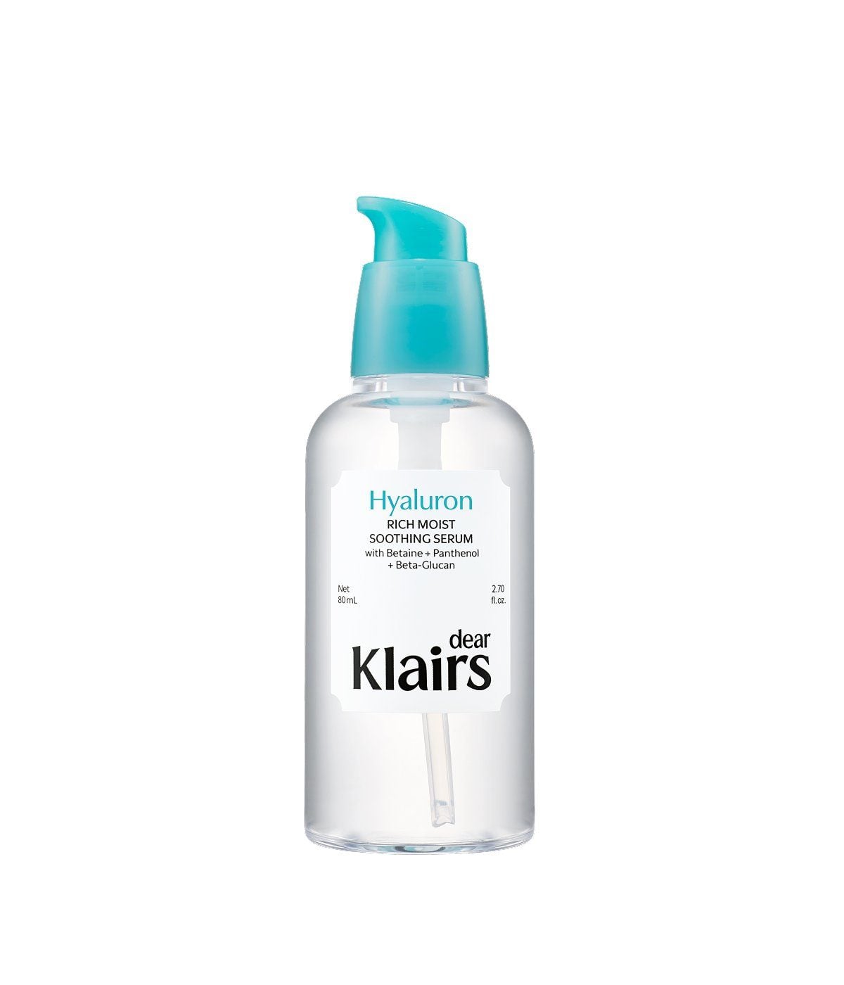 Transparente Pumpflasche Rich Moist Soothing Serum von Dear, Klairs mit türkisem Pumpkopf