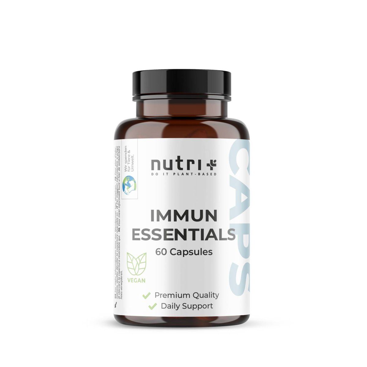 Braune Kapseldose Immun Essentials von nutri+ mit 60 veganen Kapseln