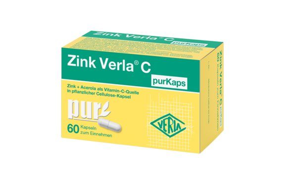 Gelbe Faltschachtel Zink Verla C purKaps mit 60 Kapseln