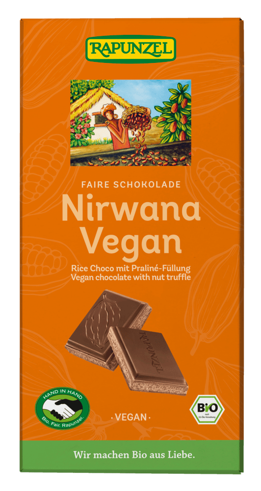 Rapunzel Nirwana Vegan: Bio-Schokolade mit Praliné-Füllung, Packshot