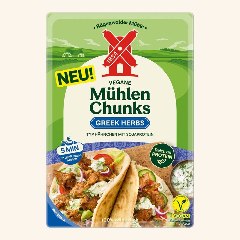 Packung Vegane Mühlen Chunks Greek Herbs von Rügenwalder Mühle mit V-Label vegan