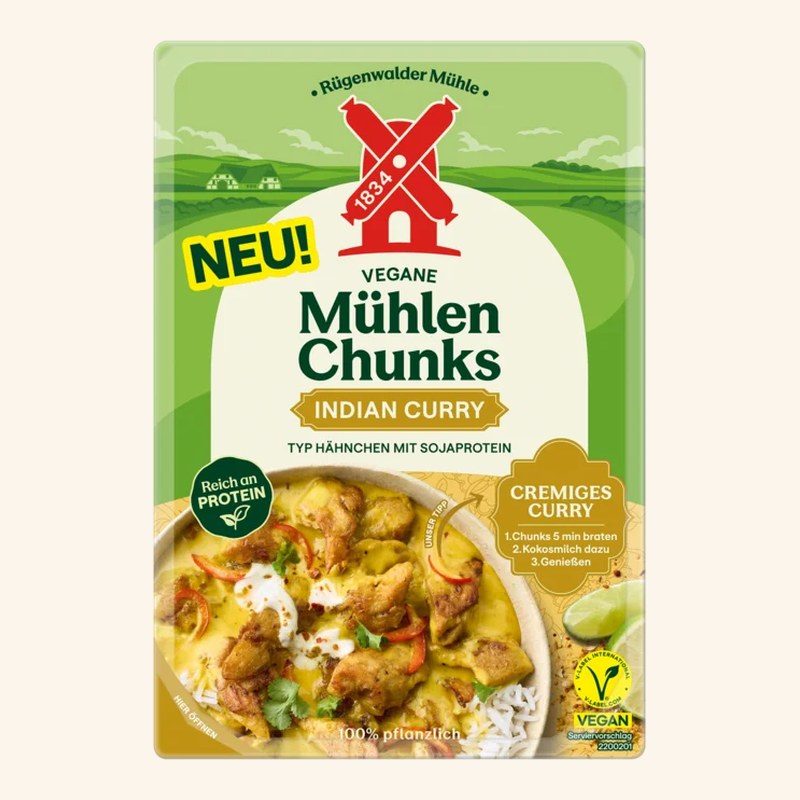 Packung Vegane Mühlen Chunks Indian Curry von Rügenwalder Mühle mit V-Label vegan
