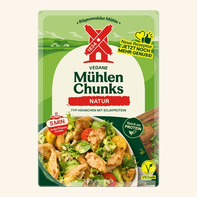 Packung Vegane Mühlen Chunks Natur von Rügenwalder Mühle mit V-Label vegan