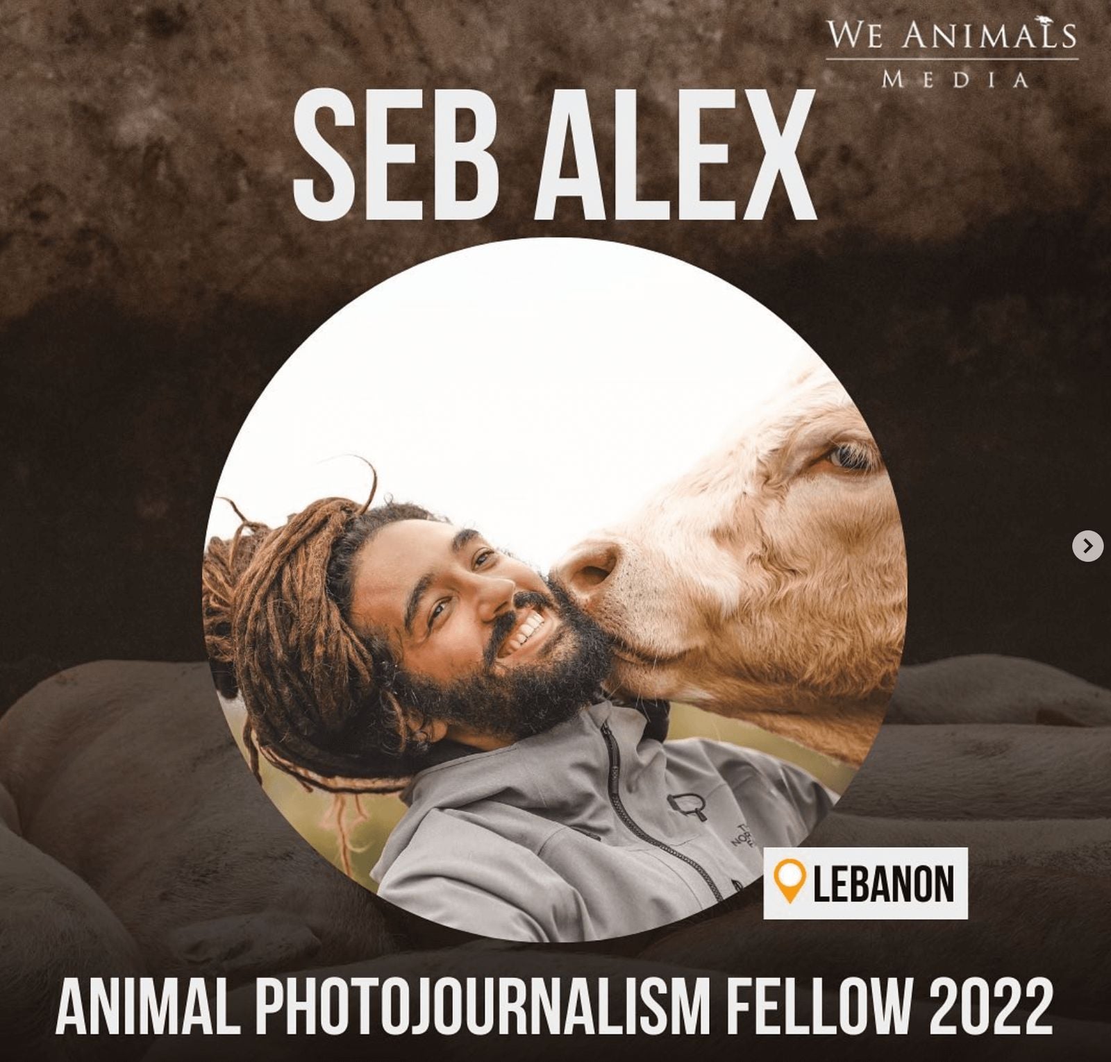 Seb Alex holding a goat, poster of the We Animals Media Animal Photojournalism Fellowship 2022 in Lebanon