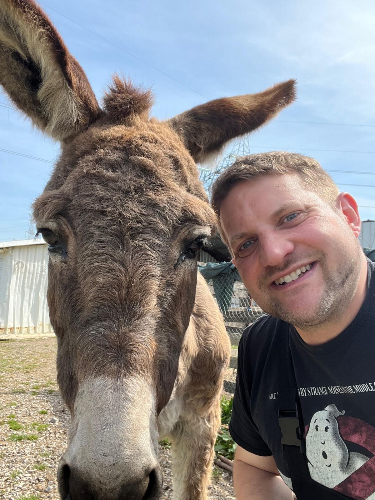 Selfie von Sebastian Everding mit einem Esel, der direkt in die Kamera schaut