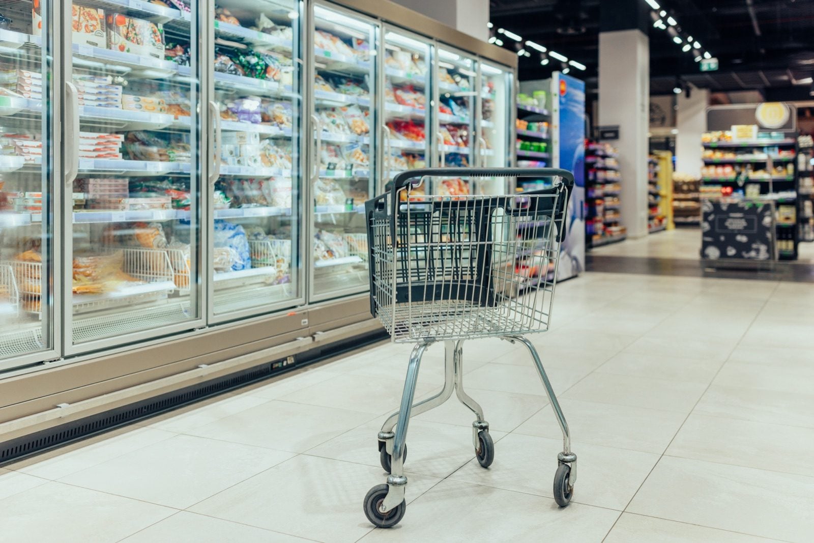 Leerer Einkaufswagen steht vor einem Kühlregal im Supermarkt