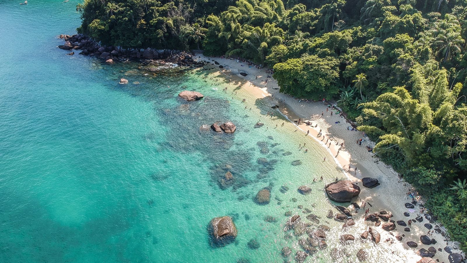 Landschaft in Küste von São Paulo: Luftbild einer Bucht mit türkisem Wasser und Regenwald bei Ubatuba