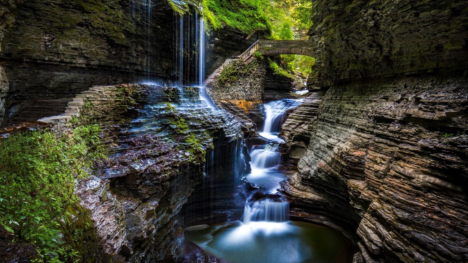 Landschaft in Finger Lakes: Wasserfall in der Schlucht des Watkins Glen State Park