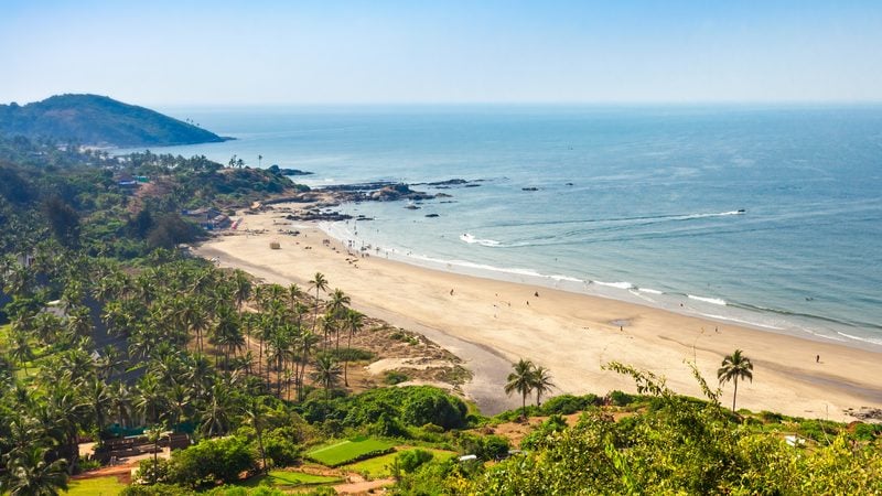Landschaft in Goa: Palmengesäumter Sandstrand am Arabischen Meer