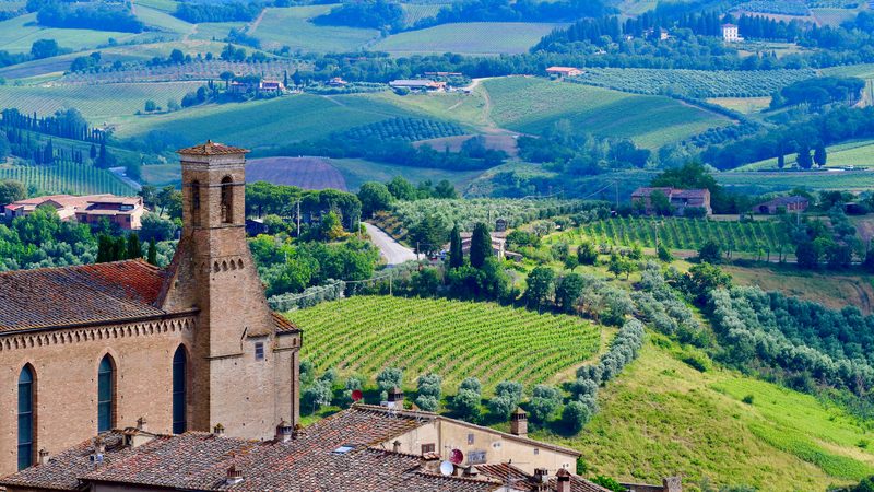 Landschaft in Toskana: Weinberge und Hügel vor San Gimignano