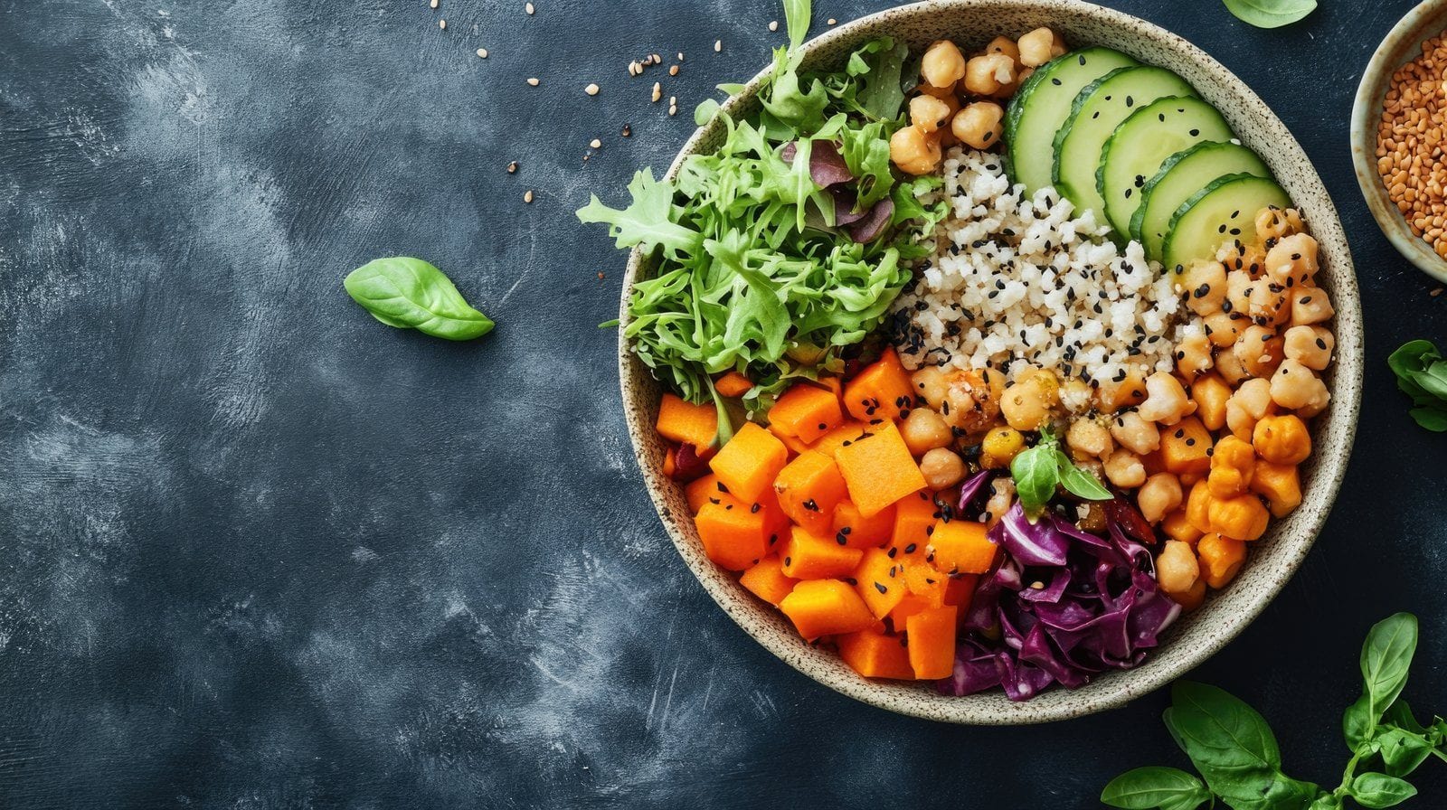 Bunte vegane Bowl mit Kichererbsen, Avocado und Gemüse: viel Volumen, wenig Kalorien