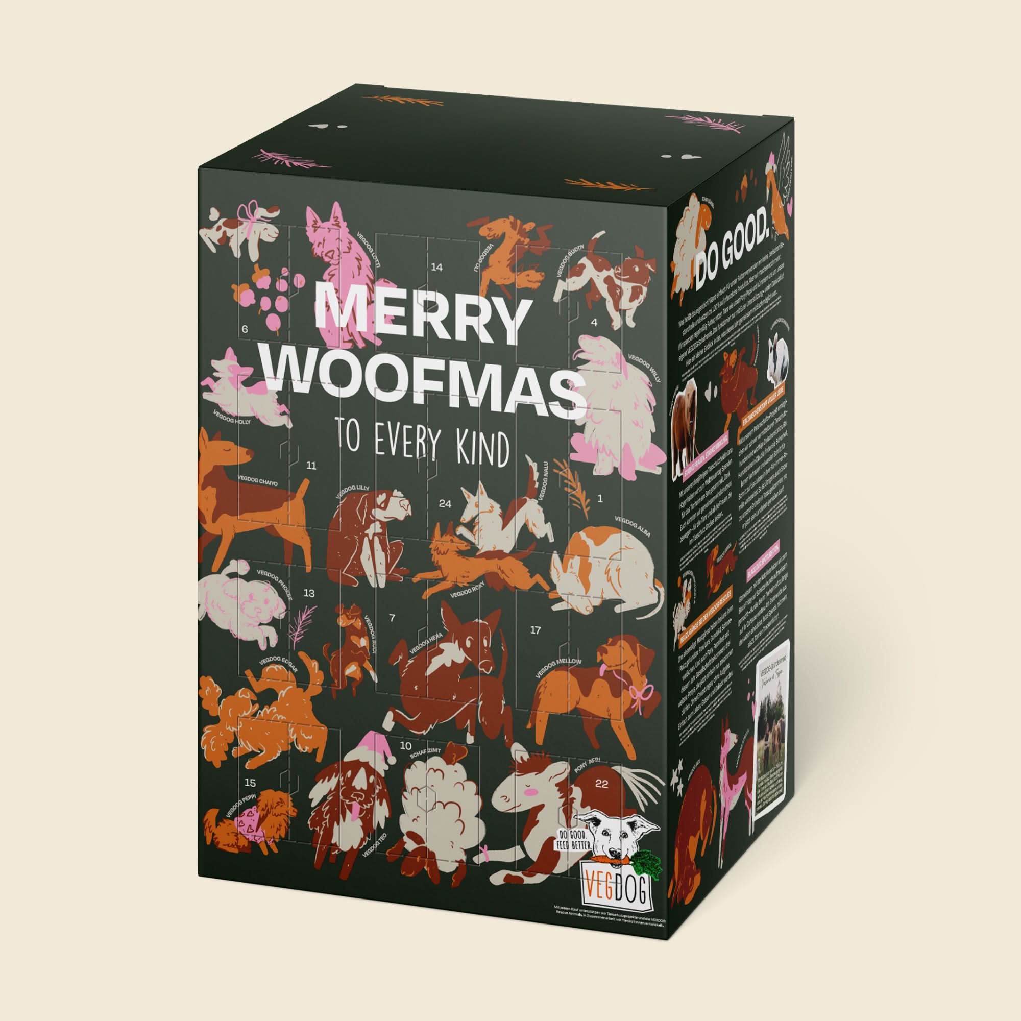 VEGDOG Adventskalender 2026 Merry Woofmas mit illustrierten Hunden auf dunkelgrüner Box