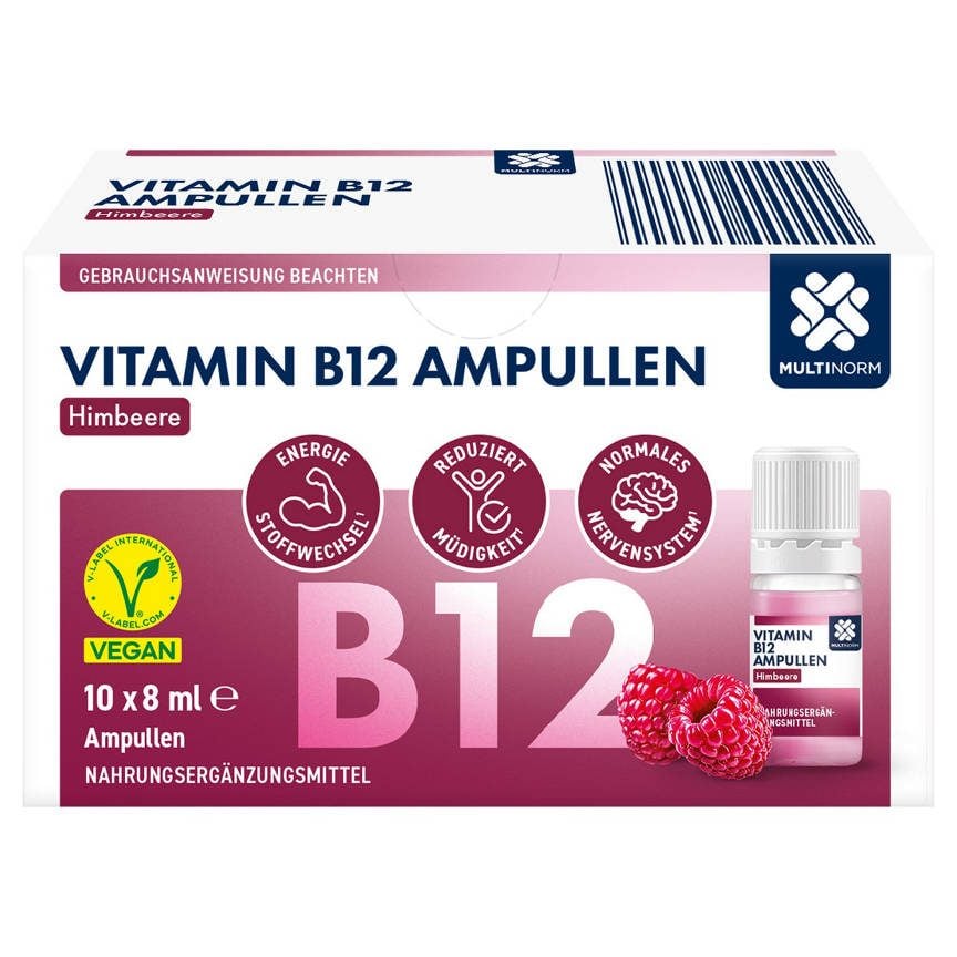 Packung Vitamin B12 Ampullen Himbeere mit V-Label von Aldi Süd
