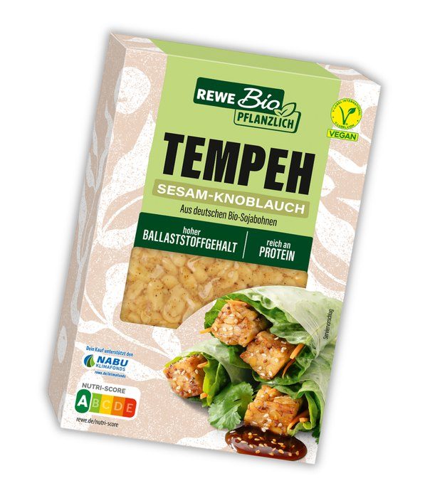 REWE Bio Pflanzlich Tempeh Sesam-Knoblauch vegan, nominiert bei den V-Label Awards 2026