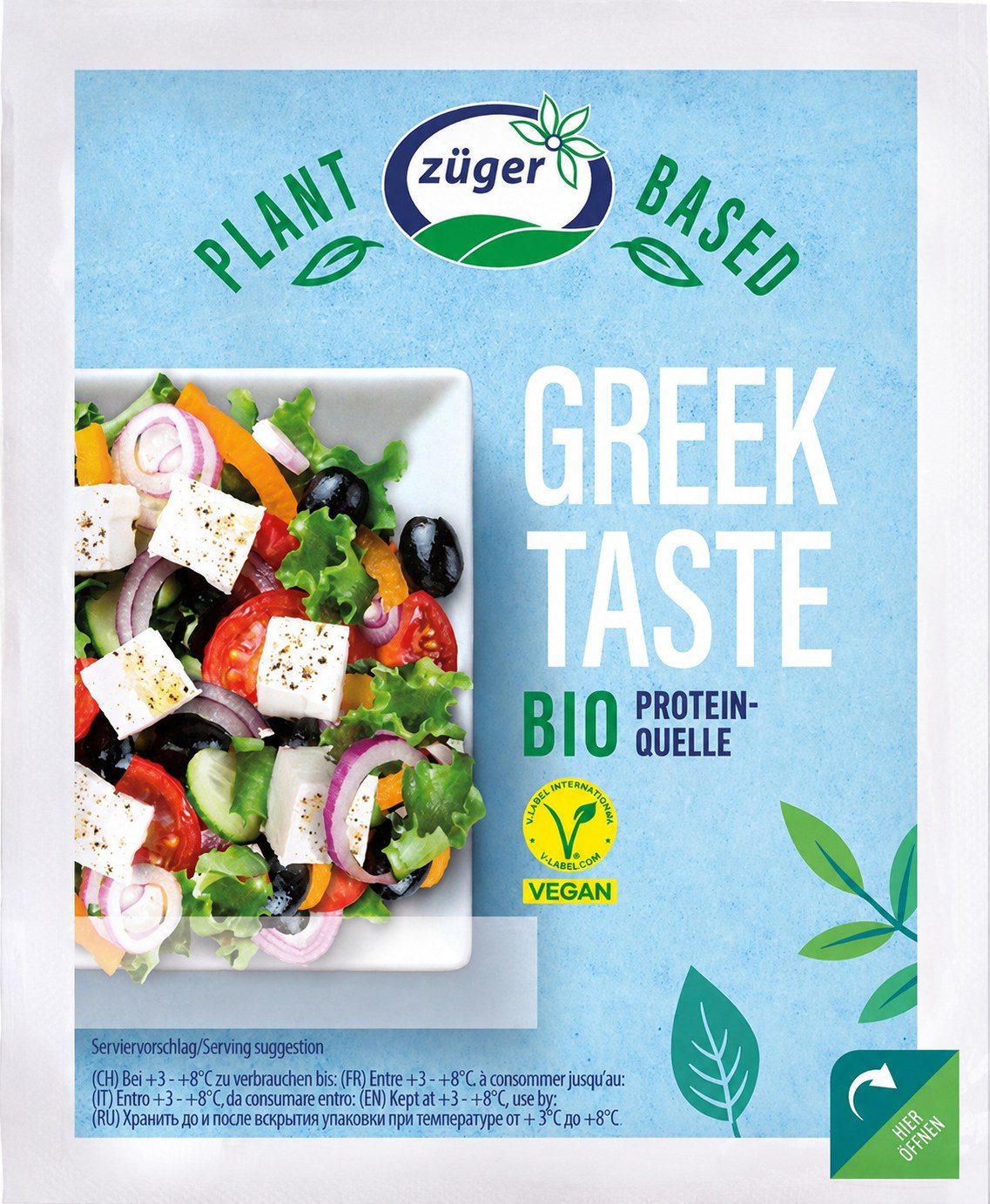 Packshot der Züger Greek Taste Bio, vegane Alternative zu griechischem Käse, 150 Gramm