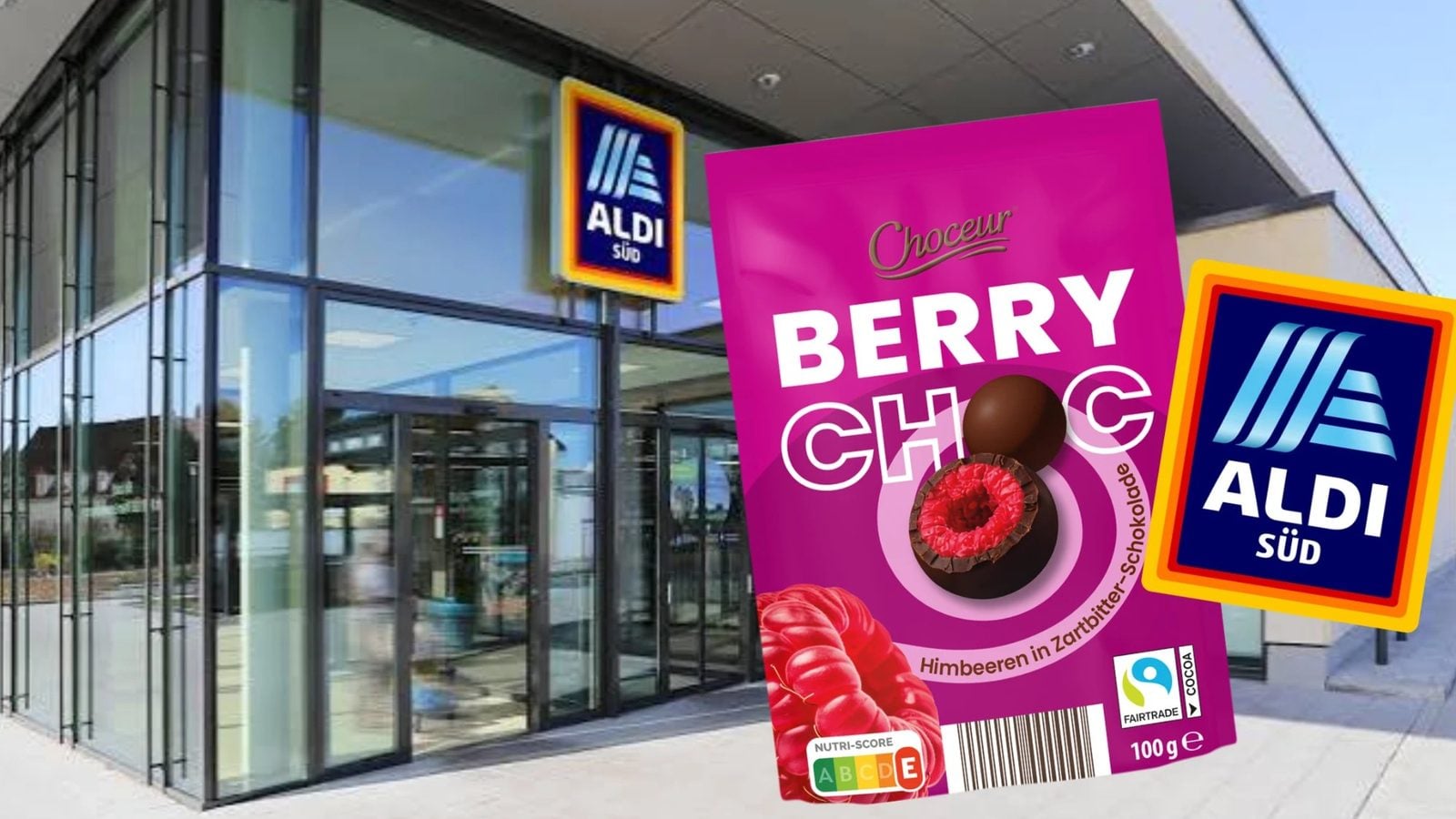 Packung Choceur Berry Choc vor einer Aldi-Süd-Filiale mit Aldi-Süd-Logo