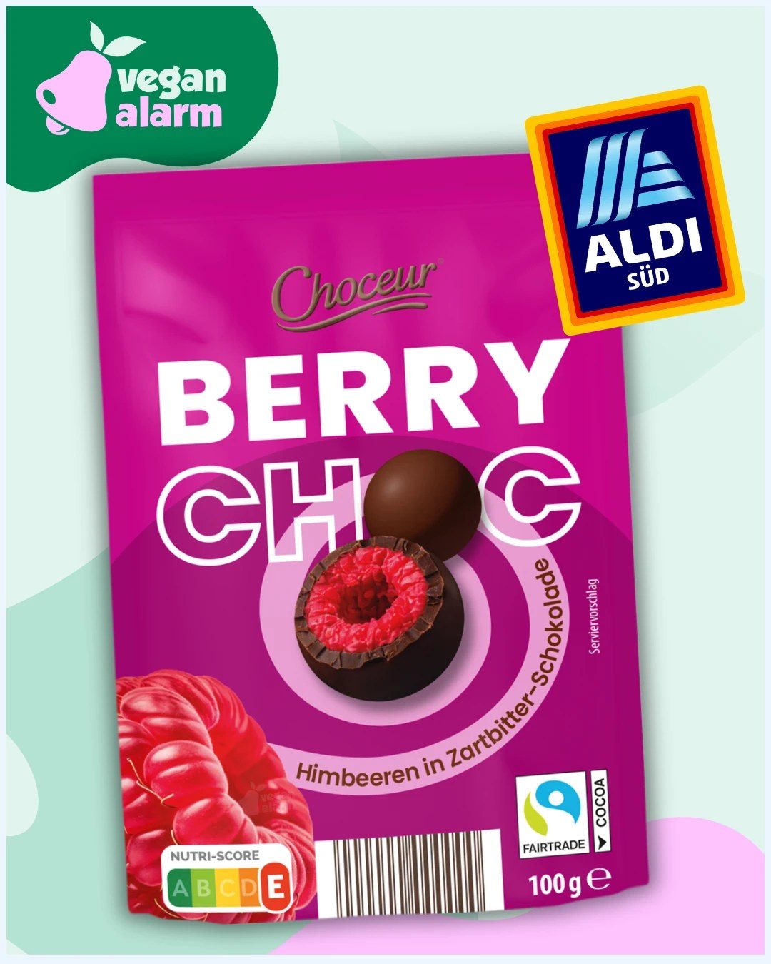 Packung Choceur Berry Choc Himbeeren in Zartbitter-Schokolade mit Aldi-Süd-Logo und Vegan-Alarm-Logo