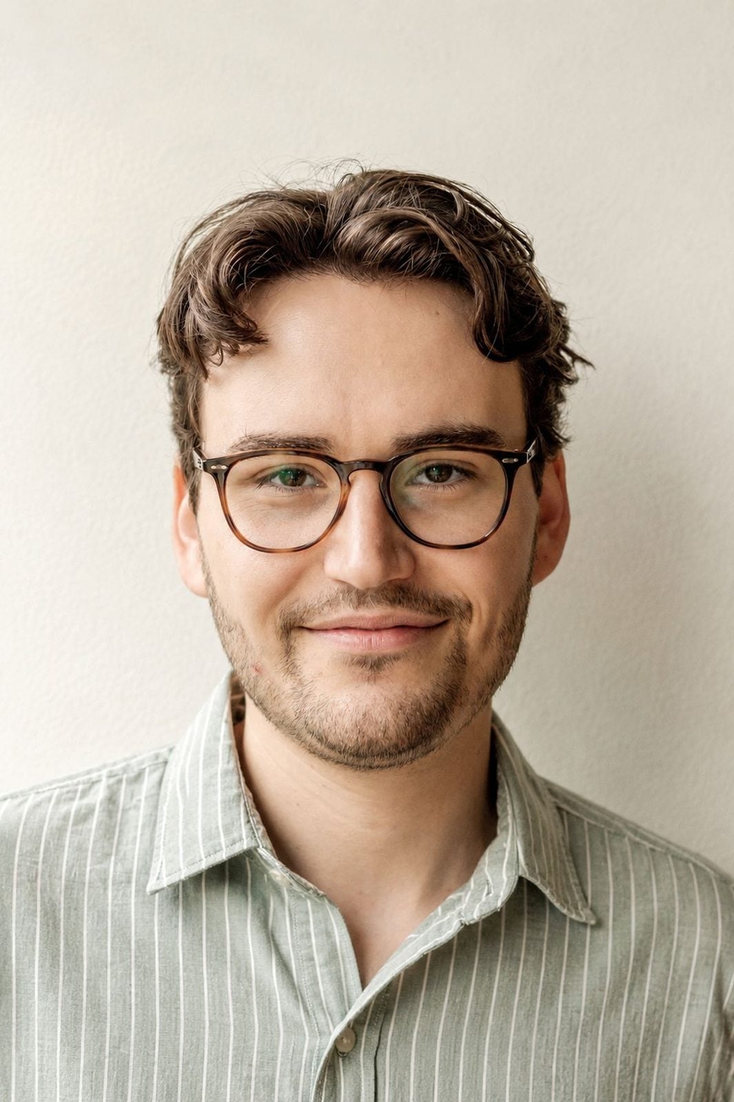 David Gaedt, Gründer des Good News Magazins, im gestreiften Hemd vor heller Wand