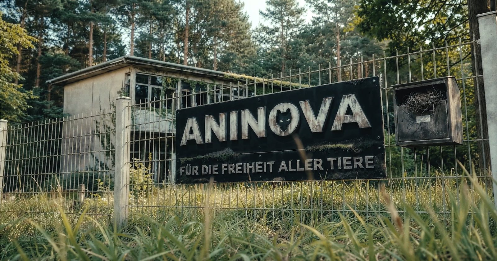 Verlassenes Gelände mit ANINOVA-Schild und dem Spruch Für die Freiheit aller Tiere