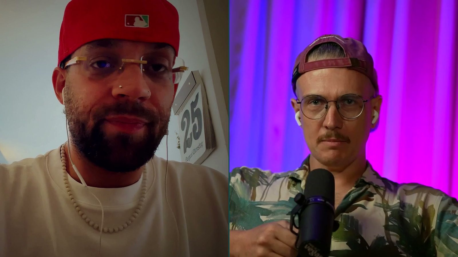 Splitscreen: links FAYAN mit roter Cap, rechts Yannick Haldenwanger mit Mikrofon vor lila Vorhang