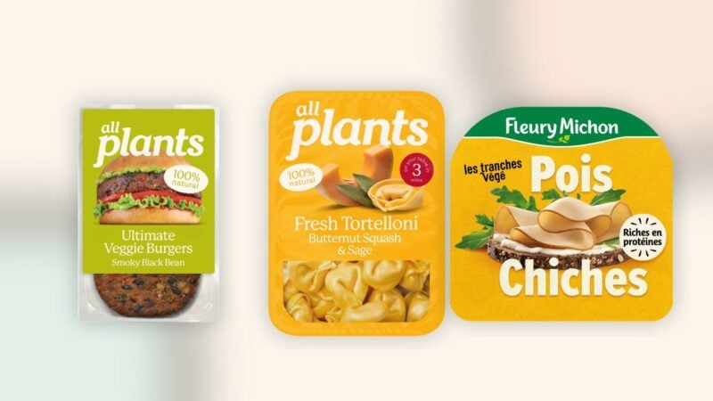 Montage aus Packshots: zwei allplants-Produkte, ein veganer Black-Bean-Burger und Butternut-Tortelloni, daneben die Kichererbsen-Scheiben Tranches Végé von Fleury Michon